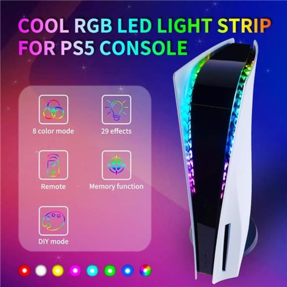 RGB LED Light Strip for ps5 Console, 7 Colors 29 Effects DIY Decoration - Picture 2 of 6